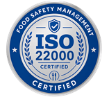 Black and white ISO 22000 Certified badge representing international food safety management certification.